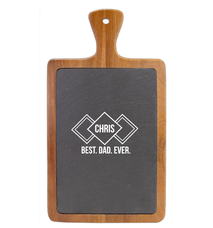 Slate and acacia wood serving board engraved with sample name "CHRIS" and text "BEST. DAD. EVER." with geometric diamond design