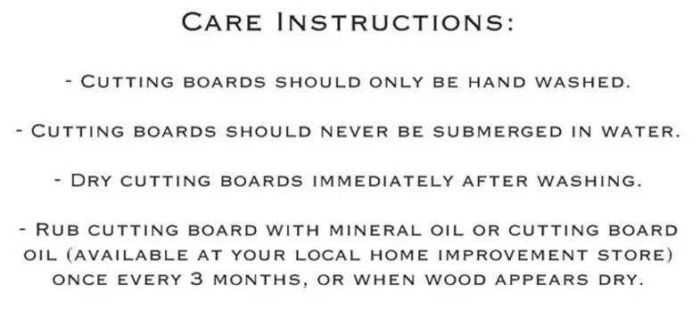 Care instructions for wood cutting boards, listing hand washing, drying, and monthly oiling recommendations