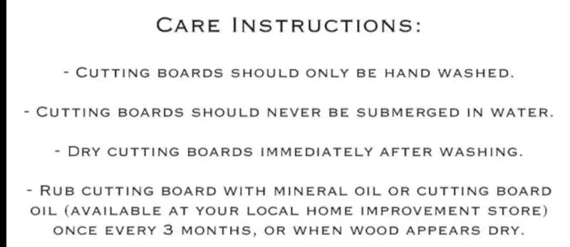 Care instructions for wooden cutting boards including hand washing, drying, and mineral oil maintenance guidelines