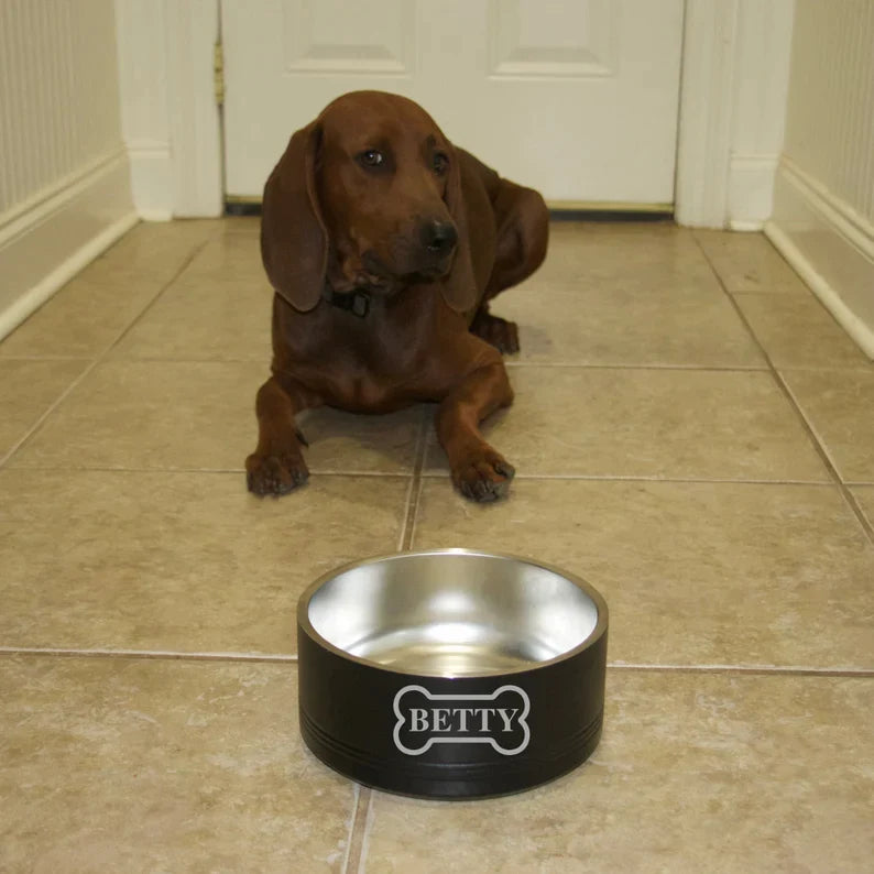 Black dog bowl with stainless steel interior, personalized with sample name "BETTY" and bone design, shown in use on kitchen tile floor with brown dog in background.
