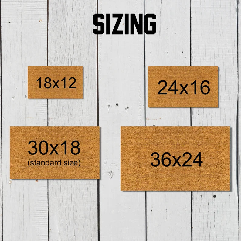 Sizing chart showing four coir doormat dimensions: 18x12, 24x16, 30x18 marked as standard size, and 36x24, displayed on white wooden background