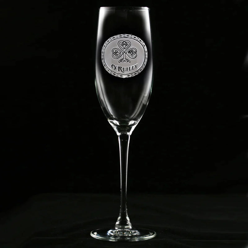 Champagne flute engraved with Celtic shamrock design and sample name "O'REILLY" in circular seal detail