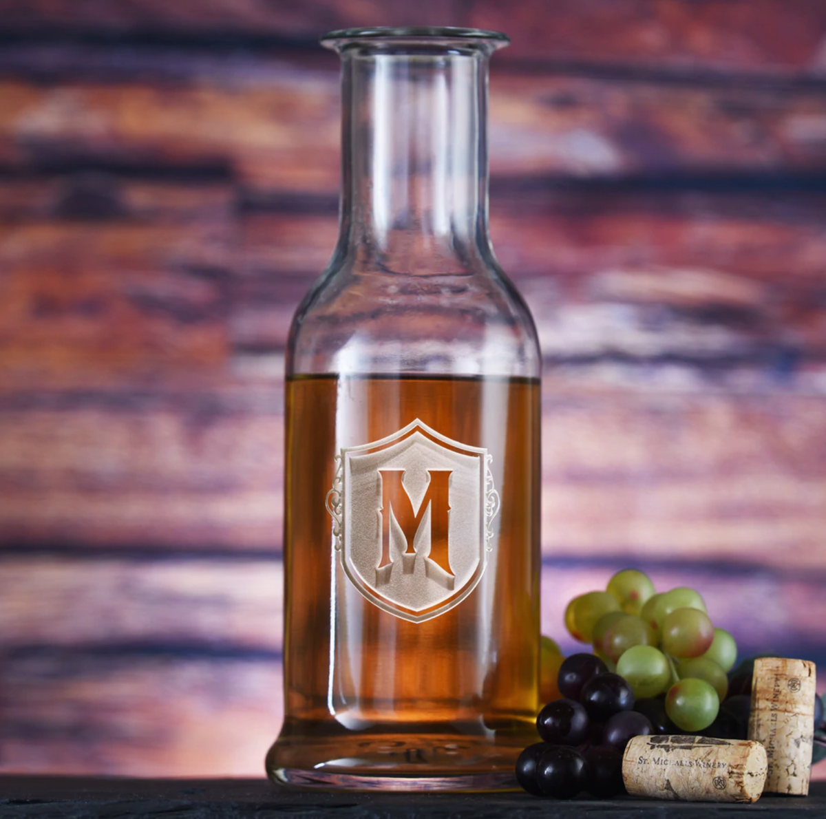 Personalized crystal wine carafe with engraved monogram, elegant personalized bridal shower gift