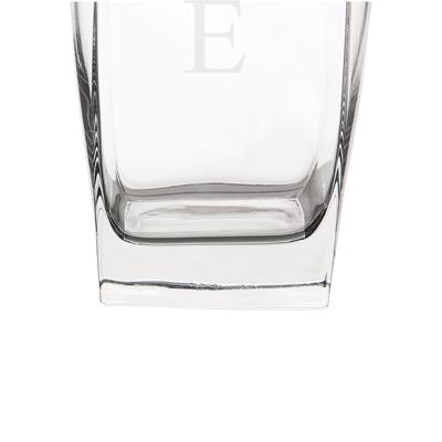 Whiskey glass with sample initial "E" engraved at the top, shown from front view with clear glass and tapered sides